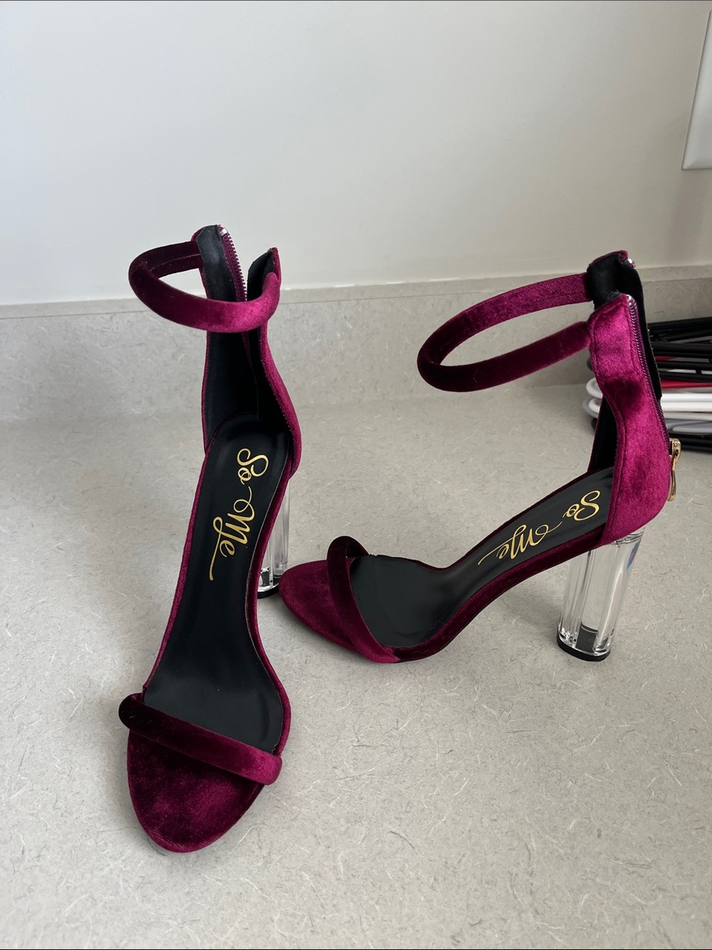 So Me Velvet Ankle-Strap Heels in Deep Berry